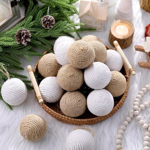 16 Pcs Rustic Christmas Ball 2.24 Inches Neutral Jute Rope Hanging Balls Farmhouse Christmas Tree Ornaments for Xmas Centerpiece Bowls Home Tabletop Vase Tray Bowl Filler in Saudi Arabia
