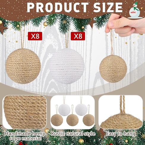 16 Pcs Rustic Christmas Ball 2.24 Inches Neutral Jute Rope Hanging Balls Farmhouse Christmas Tree Ornaments for Xmas Centerpiece Bowls Home Tabletop Vase Tray Bowl Filler in Saudi Arabia