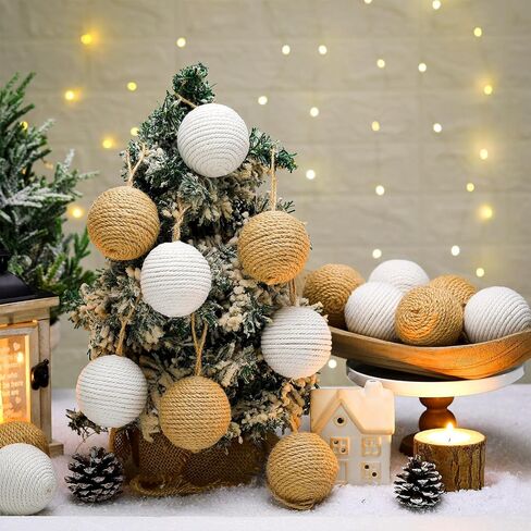 16 Pcs Rustic Christmas Ball 2.24 Inches Neutral Jute Rope Hanging Balls Farmhouse Christmas Tree Ornaments for Xmas Centerpiece Bowls Home Tabletop Vase Tray Bowl Filler in Saudi Arabia