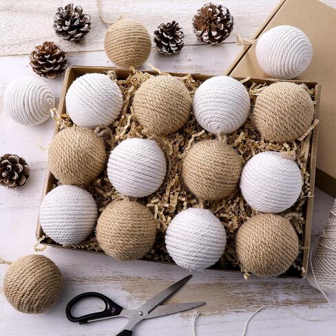 16 Pcs Rustic Christmas Ball 2.24 Inches Neutral Jute Rope Hanging Balls Farmhouse Christmas Tree Ornaments for Xmas Centerpiece Bowls Home Tabletop Vase Tray Bowl Filler in Saudi Arabia