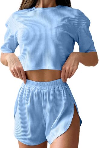 Remidoo Women's Striped Tee Shirts and Shorts Pajamas Set Side Slit Crewneck Loungewear in Kuwait