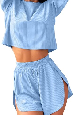 Remidoo Women's Striped Tee Shirts and Shorts Pajamas Set Side Slit Crewneck Loungewear in Kuwait