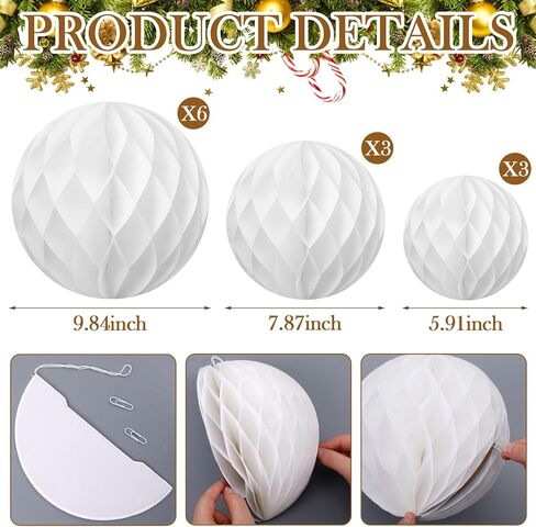 12 PCS عيد الميلاد Jumbo Honeycomb Paper الحلي الدرج المحايدة ديكور الورق الورق الكبير معلقة كرات متنوعة الحجم للمنزل الداخلي لحفلات شجرة عيد الميلاد (العاج ، 10 "، 8" ، 6 ") in Saudi Arabia