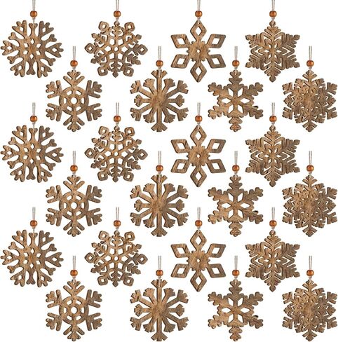 24 Pcs Rustic Brown Options Wooden Snowflake Christmas Ornaments White Snowflakes with Twine and Beads for Tree Winter Home Decoration Holiday Garland Crafts in Kuwait