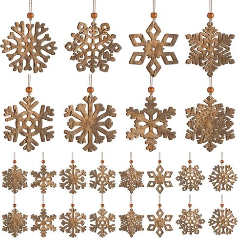 24 Pcs Rustic Brown Options Wooden Snowflake Christmas Ornaments White Snowflakes with Twine and Beads for Tree Winter Home Decoration Holiday Garland Crafts in Kuwait