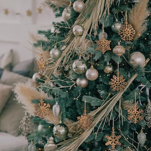 24 Pcs Rustic Brown Options Wooden Snowflake Christmas Ornaments White Snowflakes with Twine and Beads for Tree Winter Home Decoration Holiday Garland Crafts in Kuwait