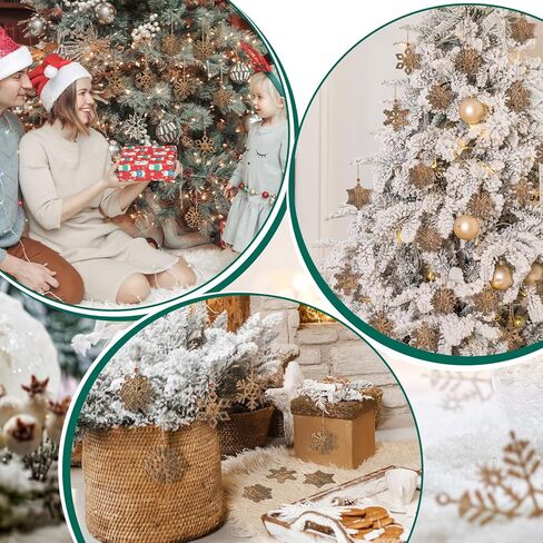 24 Pcs Rustic Brown Options Wooden Snowflake Christmas Ornaments White Snowflakes with Twine and Beads for Tree Winter Home Decoration Holiday Garland Crafts in Kuwait