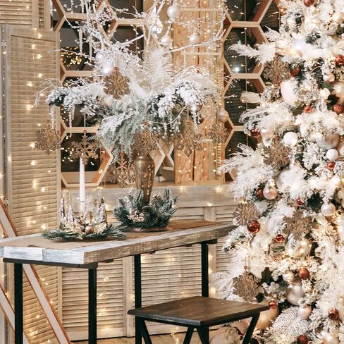 24 Pcs Rustic Brown Options Wooden Snowflake Christmas Ornaments White Snowflakes with Twine and Beads for Tree Winter Home Decoration Holiday Garland Crafts in Kuwait