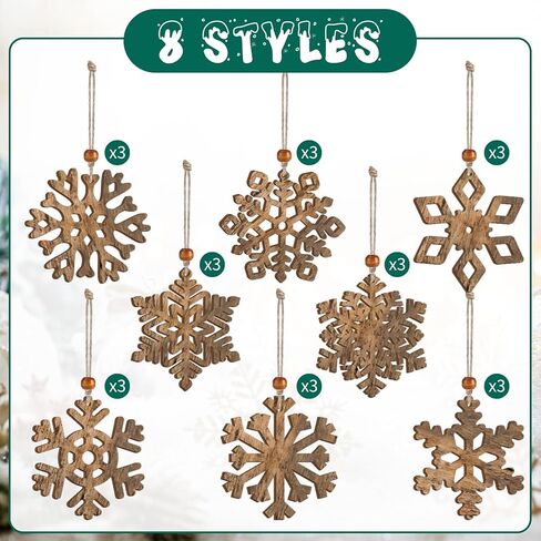 24 Pcs Rustic Brown Options Wooden Snowflake Christmas Ornaments White Snowflakes with Twine and Beads for Tree Winter Home Decoration Holiday Garland Crafts in Kuwait