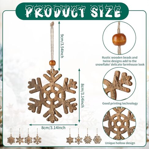 24 Pcs Rustic Brown Options Wooden Snowflake Christmas Ornaments White Snowflakes with Twine and Beads for Tree Winter Home Decoration Holiday Garland Crafts in Kuwait