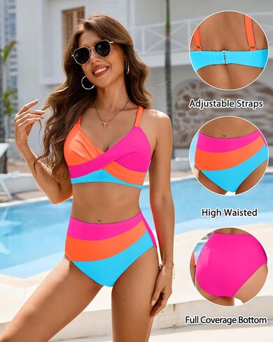 Aqua Eve Women's High Waisted Bikini - Twist Front Two Piece Swimsuits Full Coverage Color Block Bathing Suits 2025 Swimwear in Saudi Arabia