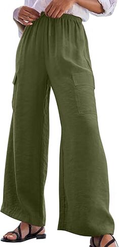 Generic Wide Leg Cargo Pants for Women Drawstring Pants Lightweight Summer Pants High Waist Solid Pant Flowy Pant with Pocket in Kuwait