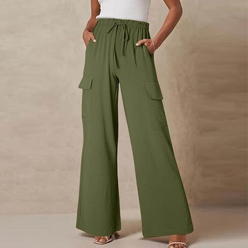 Generic Wide Leg Cargo Pants for Women Drawstring Pants Lightweight Summer Pants High Waist Solid Pant Flowy Pant with Pocket in Kuwait