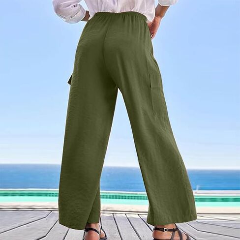 Generic Wide Leg Cargo Pants for Women Drawstring Pants Lightweight Summer Pants High Waist Solid Pant Flowy Pant with Pocket in Kuwait