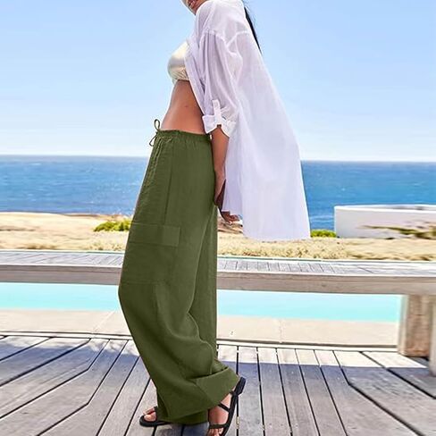 Generic Wide Leg Cargo Pants for Women Drawstring Pants Lightweight Summer Pants High Waist Solid Pant Flowy Pant with Pocket in Kuwait