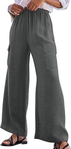 Generic Wide Leg Cargo Pants for Women Drawstring Pants Lightweight Summer Pants High Waist Solid Pant Flowy Pant with Pocket in Kuwait