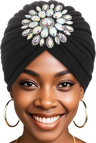 Bohend Rhinestone Turban Hat for Women Stretch Headwarp Pre Tied Head Cover Bonnet Muslim Crysta Pleated Headscarf Hat in Saudi Arabia