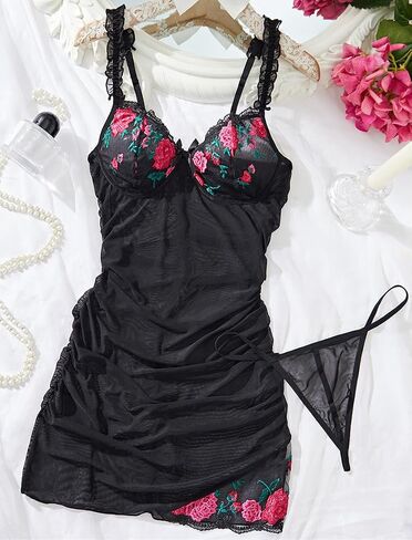 Sexy Ruched Bodycon Mesh Lace Floral Embroidered Sheer Underwire Babydoll Lingerie Set Dress with Thong 2 Piece in Saudi Arabia
