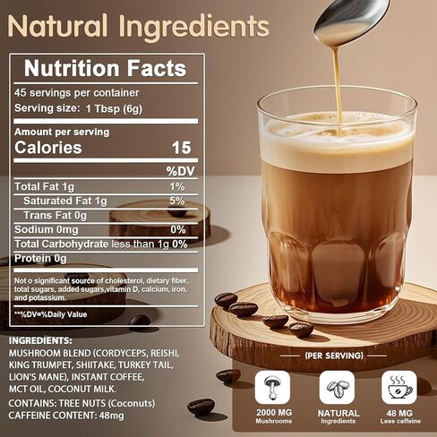قهوة الفطر ، 6 فطر تكيف مع ماني الأسد ، كورديسيبس ، ذيل الديك الرومي والمزيد ، قهوة الفطر العضوي الفوري للتركيز ، الطاقة ، المناعة والهضم دعم in Kuwait