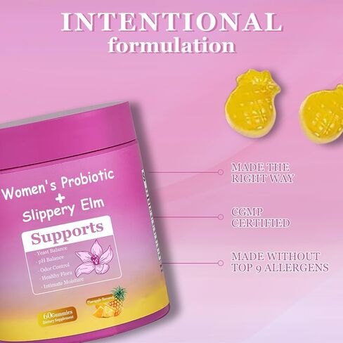 DYALE Her Juicy Feminine Probiotics Gummies for Women | Pineapple Flavor | Supports pH Balance, Gut Health & Immune System | with Slippery Elm, Prebiotics & Lactobacillus Blend | 60 Gummies (1pc) in Kuwait