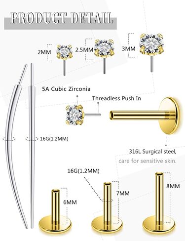 20G 18G 16G Threadless Push in Nose Studs CZ Nose Ring Flat Back Stud Earrings 316L Surgical Steel Tragus Helix Cartilage Earrings Lip Piercing Jewelry For Women Men Gold Silver in Kuwait