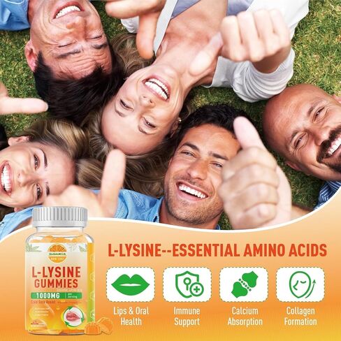 L-Lysine Gummies 1000 mg, Cold Sore Supplement with Immune Support for Lips & Oral, Chewable L Lysine Gummies for Adults & Kids, Boost Immune & Collagen, Non-GMO, Vegan, Gluten Free - 120 Counts in Kuwait