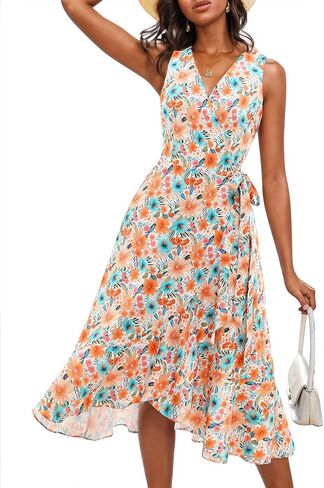 Dressystar Women's Summer Floral V Neck Wrap Boho Dress Sleeveless Ruffle A Line Flowy Beach Casual Midi Dresses in Kuwait