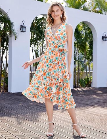 Dressystar Women's Summer Floral V Neck Wrap Boho Dress Sleeveless Ruffle A Line Flowy Beach Casual Midi Dresses in Kuwait