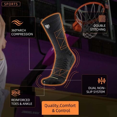 Men's sports crew socks,arch support,grip athletic socks,socks for basketball and tennis,3 pack,black compression sock in Kuwait