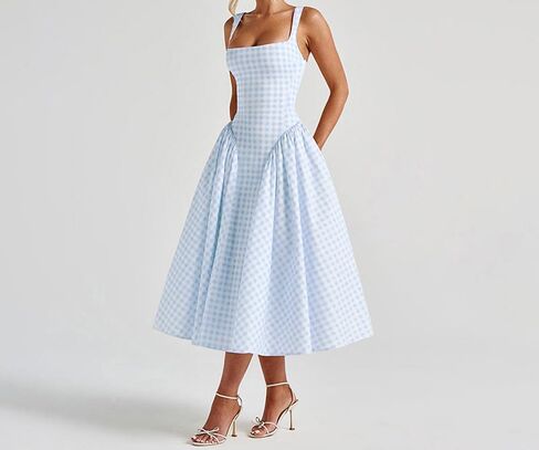 الصيف القماش القطني الطويل اللباس مشد مربع الرقبة الدانتيل حتى غير رسمية Sundress عصف in Saudi Arabia