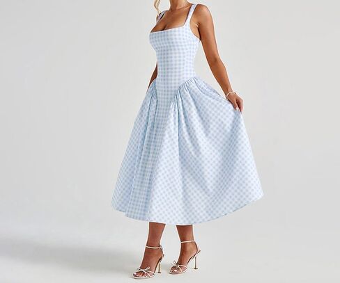 الصيف القماش القطني الطويل اللباس مشد مربع الرقبة الدانتيل حتى غير رسمية Sundress عصف in Saudi Arabia