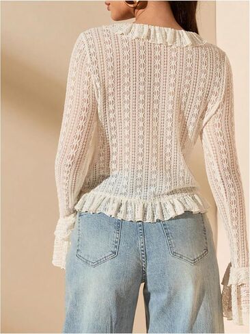 Gorglitter نساء ربطة عنق الجرس الأمامي جرس الدانتيل قمم الكشكش شبكة القمصان القديمة in Kuwait