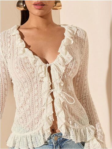 Gorglitter نساء ربطة عنق الجرس الأمامي جرس الدانتيل قمم الكشكش شبكة القمصان القديمة in Kuwait