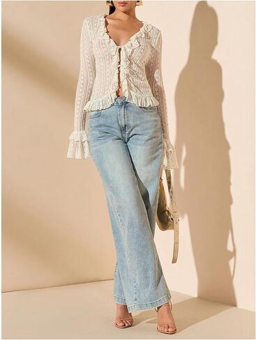 Gorglitter نساء ربطة عنق الجرس الأمامي جرس الدانتيل قمم الكشكش شبكة القمصان القديمة in Kuwait