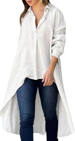 Yming Womens Button أسفل قمصان منخفضة منخفضة الأكمام طويلة غير منتظمة قميص قميص LENG TOPS LAPEL V الرقبة بلوزة فضفاضة in Kuwait