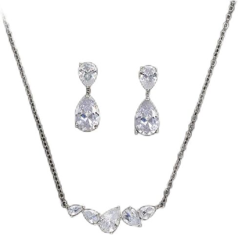 SWEETV Teardrop Bridal Jewelry Set for Wedding, Silver Cubic Zirconia Backdrop Necklace Earrings Set for Bridal Bridemaid, Marquise Jewelry Set for Women Prom Costume Wedding in Saudi Arabia