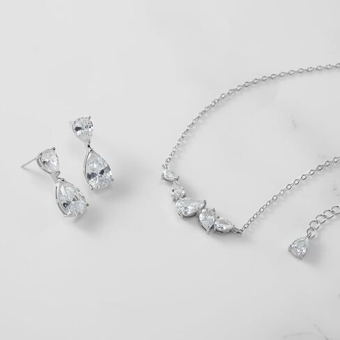 SWEETV Teardrop Bridal Jewelry Set for Wedding, Silver Cubic Zirconia Backdrop Necklace Earrings Set for Bridal Bridemaid, Marquise Jewelry Set for Women Prom Costume Wedding in Saudi Arabia