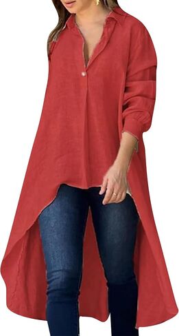Yming Womens Button أسفل قمصان منخفضة منخفضة الأكمام طويلة غير منتظمة قميص قميص LENG TOPS LAPEL V الرقبة بلوزة فضفاضة in Kuwait