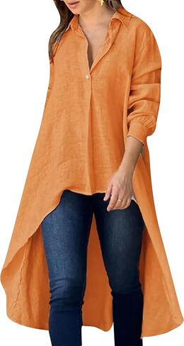 Yming Womens Button أسفل قمصان منخفضة منخفضة الأكمام طويلة غير منتظمة قميص قميص LENG TOPS LAPEL V الرقبة بلوزة فضفاضة in Kuwait