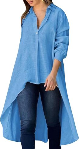 Yming Womens Button أسفل قمصان منخفضة منخفضة الأكمام طويلة غير منتظمة قميص قميص LENG TOPS LAPEL V الرقبة بلوزة فضفاضة in Kuwait