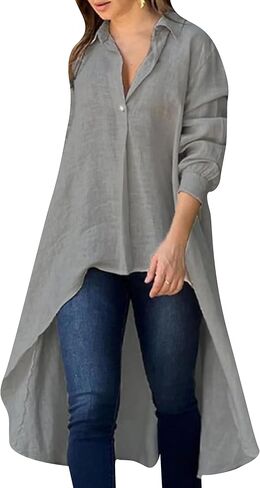 Yming Womens Button أسفل قمصان منخفضة منخفضة الأكمام طويلة غير منتظمة قميص قميص LENG TOPS LAPEL V الرقبة بلوزة فضفاضة in Kuwait
