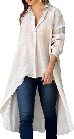 Yming Womens Button أسفل قمصان منخفضة منخفضة الأكمام طويلة غير منتظمة قميص قميص LENG TOPS LAPEL V الرقبة بلوزة فضفاضة in Kuwait