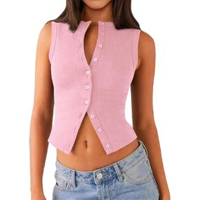 Women Y2k Button Down Tank Tops Knitted Solid Color Sleeveless Vest Top Slim Fit Crop Going Out Tops Streetwear in Kuwait