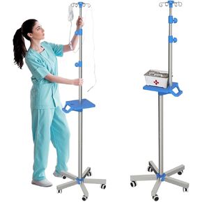 Rolling IV Pole with Tray - Stainless Steel 4 Hooks IV Stand with Wheels Height Adjustable for Clinic Home Care in Kuwait