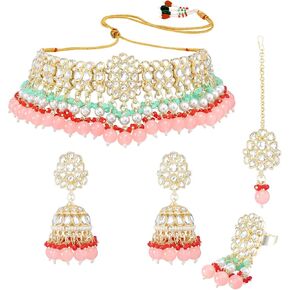 Aheli Gold Plated Peach Kundan & Beads Studded Ethnic Choker Necklace Jhumka Earrings Maangtikka & Finger Ring Set Traditional Fancy Jewellery Gift for Women in Saudi Arabia