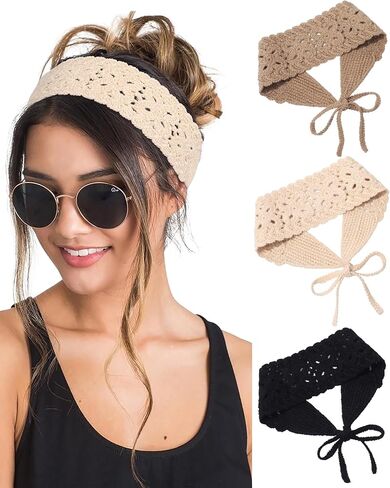 HAIMEIKANG Hippie Hair Bandana Headbands for Women Boho Headband Knit Hair Bands Floral Head Wrap for Women and Girls(Black+Beige+Coffee) in Kuwait