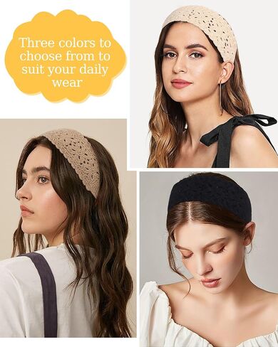 HAIMEIKANG Hippie Hair Bandana Headbands for Women Boho Headband Knit Hair Bands Floral Head Wrap for Women and Girls(Black+Beige+Coffee) in Kuwait