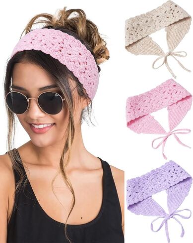 HAIMEIKANG Hippie Hair Bandana Headbands for Women Boho Headband Knit Hair Bands Floral Head Wrap for Women and Girls(Black+Beige+Coffee) in Kuwait