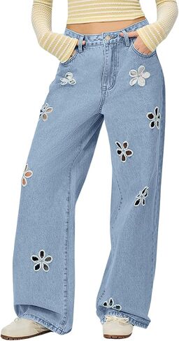 chouyatou Women's Y2k Baggy Wide Leg Denim Pants Hollow Out Flower Boyfriend Mid Rise Barrel Jeans with Pockets in Saudi Arabia