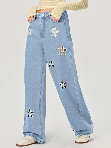 chouyatou Women's Y2k Baggy Wide Leg Denim Pants Hollow Out Flower Boyfriend Mid Rise Barrel Jeans with Pockets in Saudi Arabia